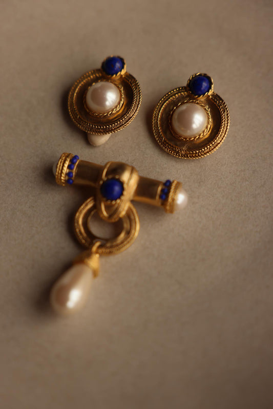 Les Bernard Faux Pearl and Lapis-Tone Brooch & Earrings Set