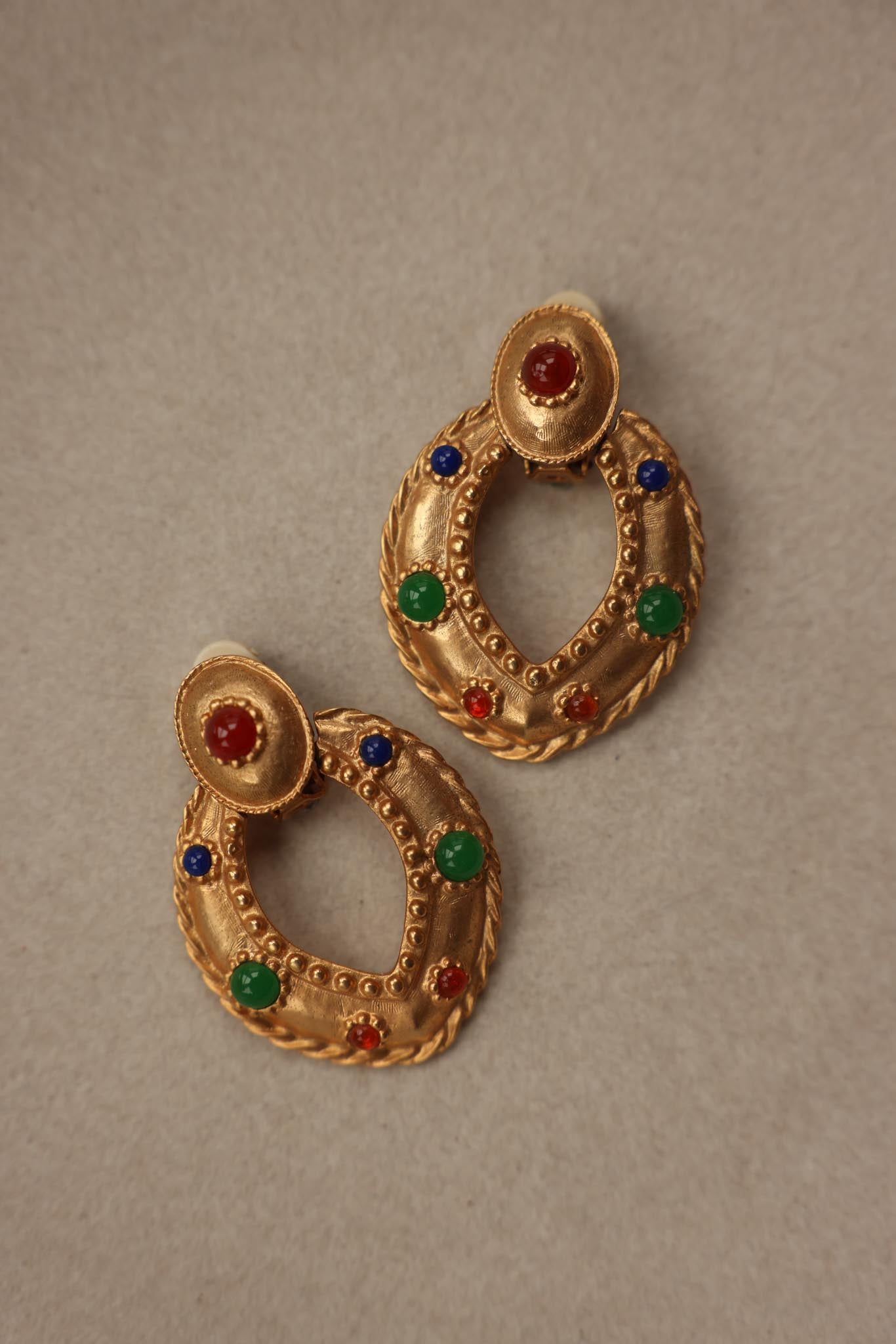Gold-Filled Multicolor Glass Clip-On Earrings|Vintage Baazaar 