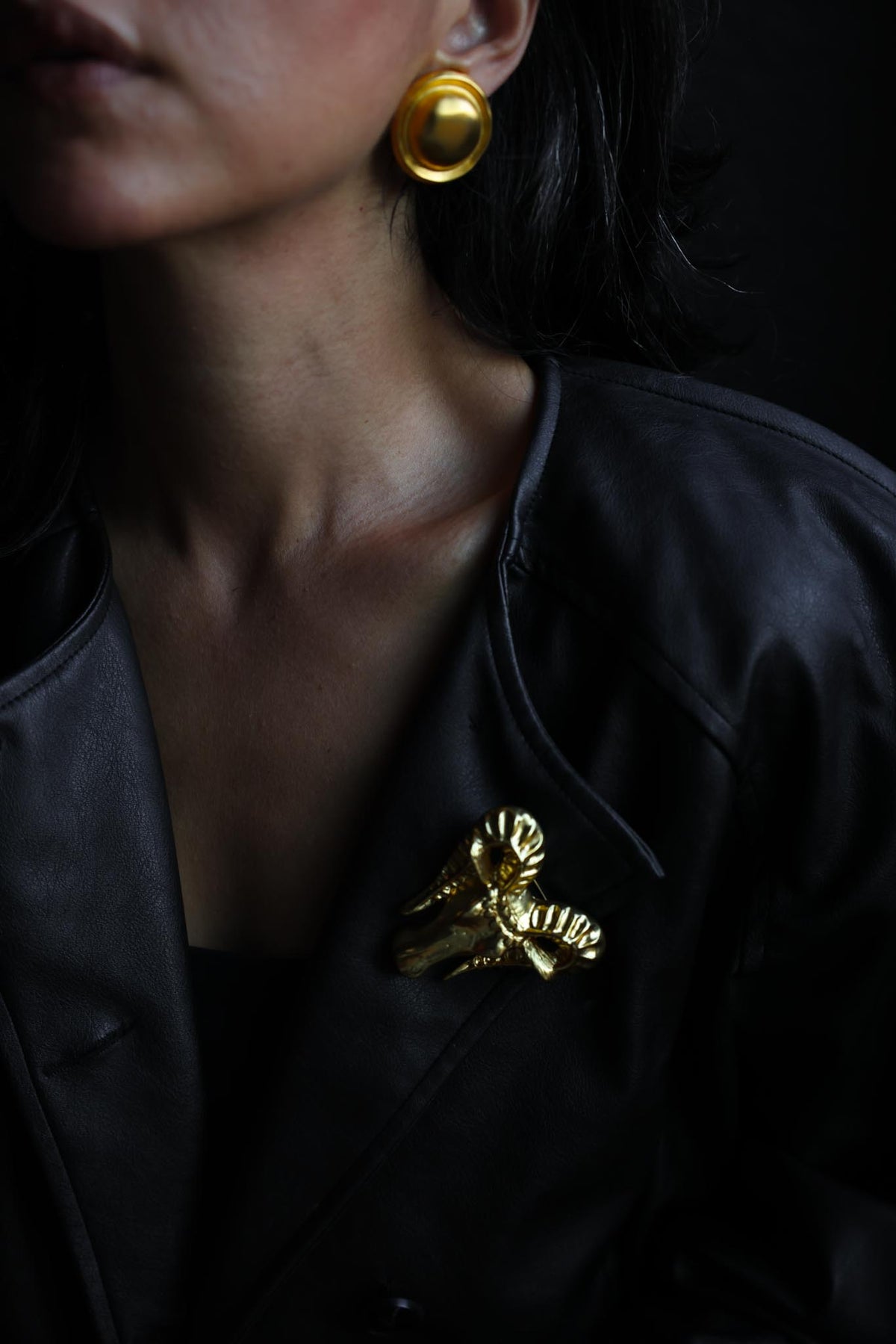 Schiaparelli-Marked Gold Tone Aries Ram Head Statement Brooch