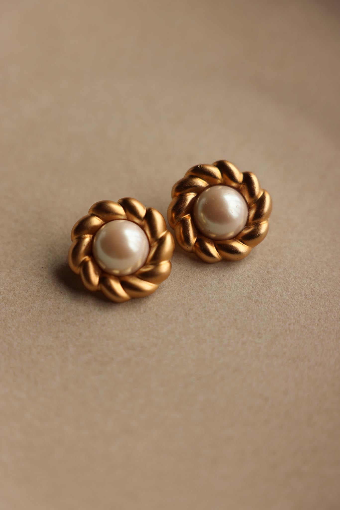 Matte Gold Clip-On Earrings with Faux Pearls|Vintage Baazaar 