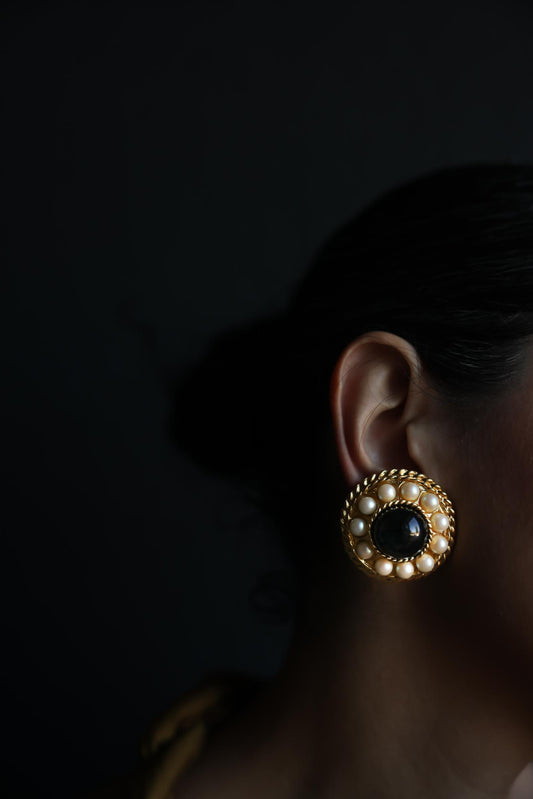 Gold-Tone Black Cabochon Faux Pearl Clip-On Earrings|Vintage Baazaar 