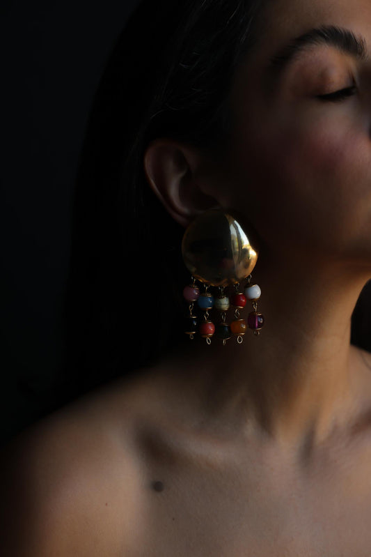 Round Gold Tone Clip-On Earrings With Multicolor Dangles