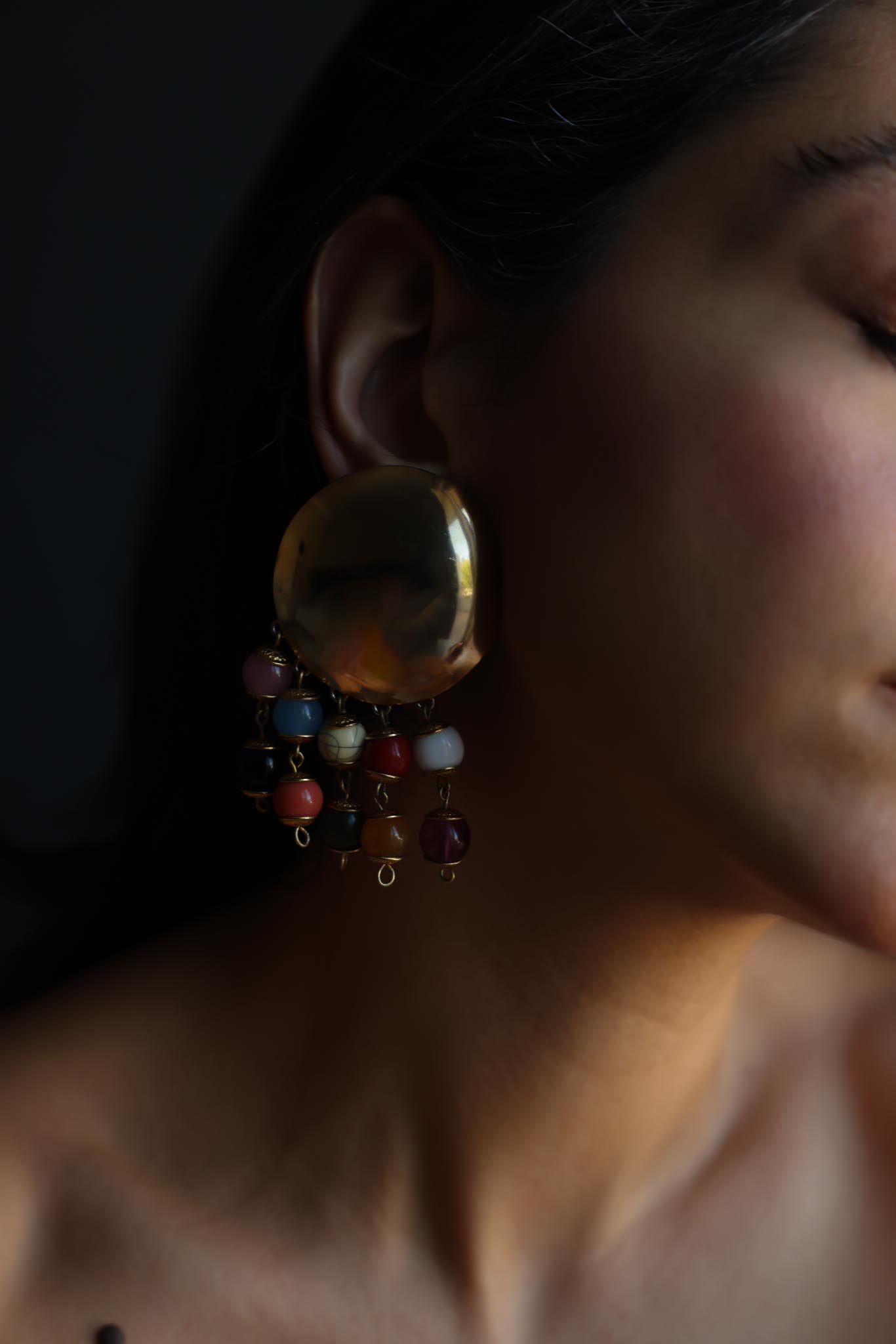 Round Gold Tone Clip-On Earrings With Multicolor Dangles