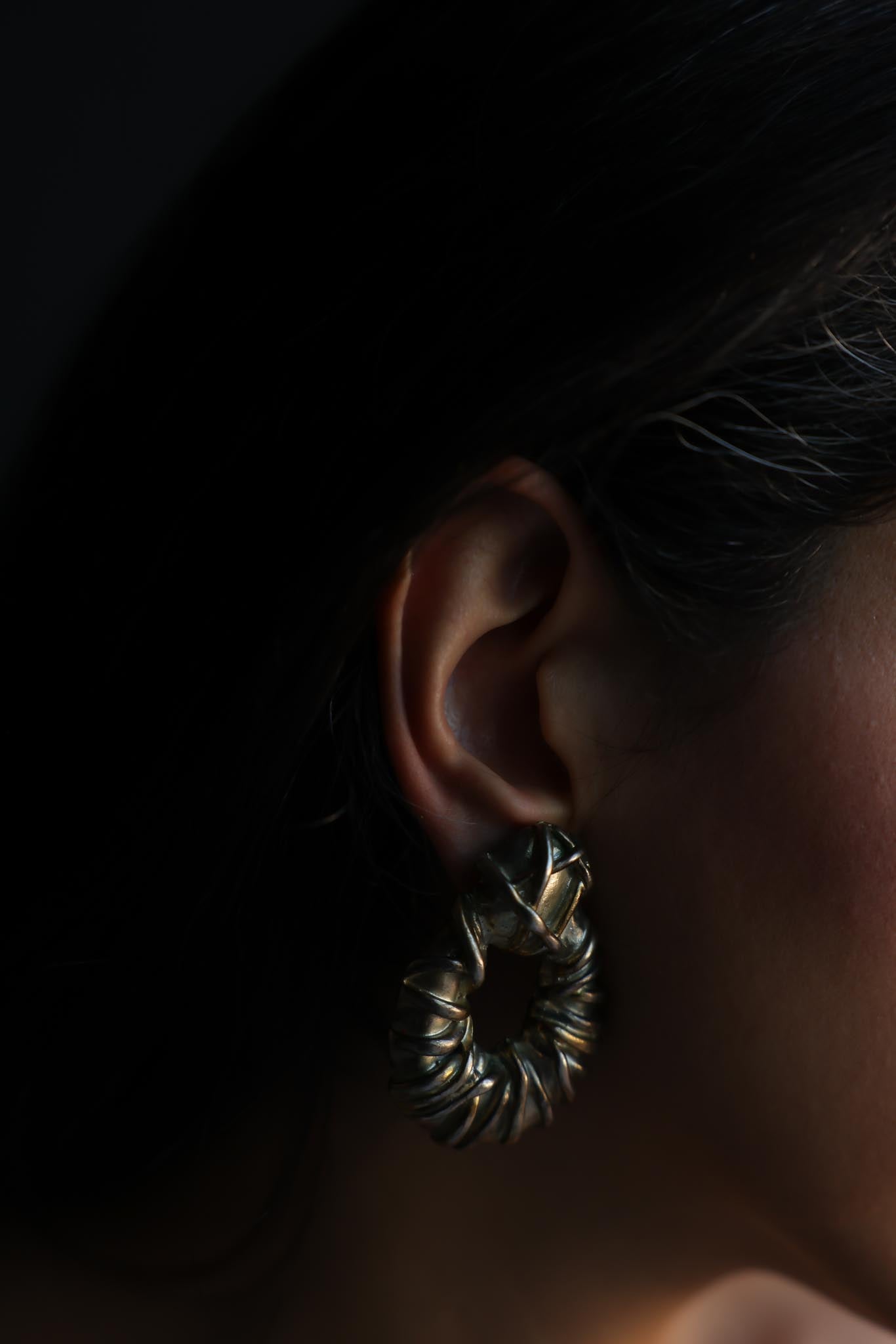Silver-Tone Sculptural Hoop Clip-On Earrings|Vintage Baazaar 