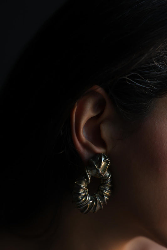 Silver-Tone Sculptural Hoop Clip-On Earrings|Vintage Baazaar 