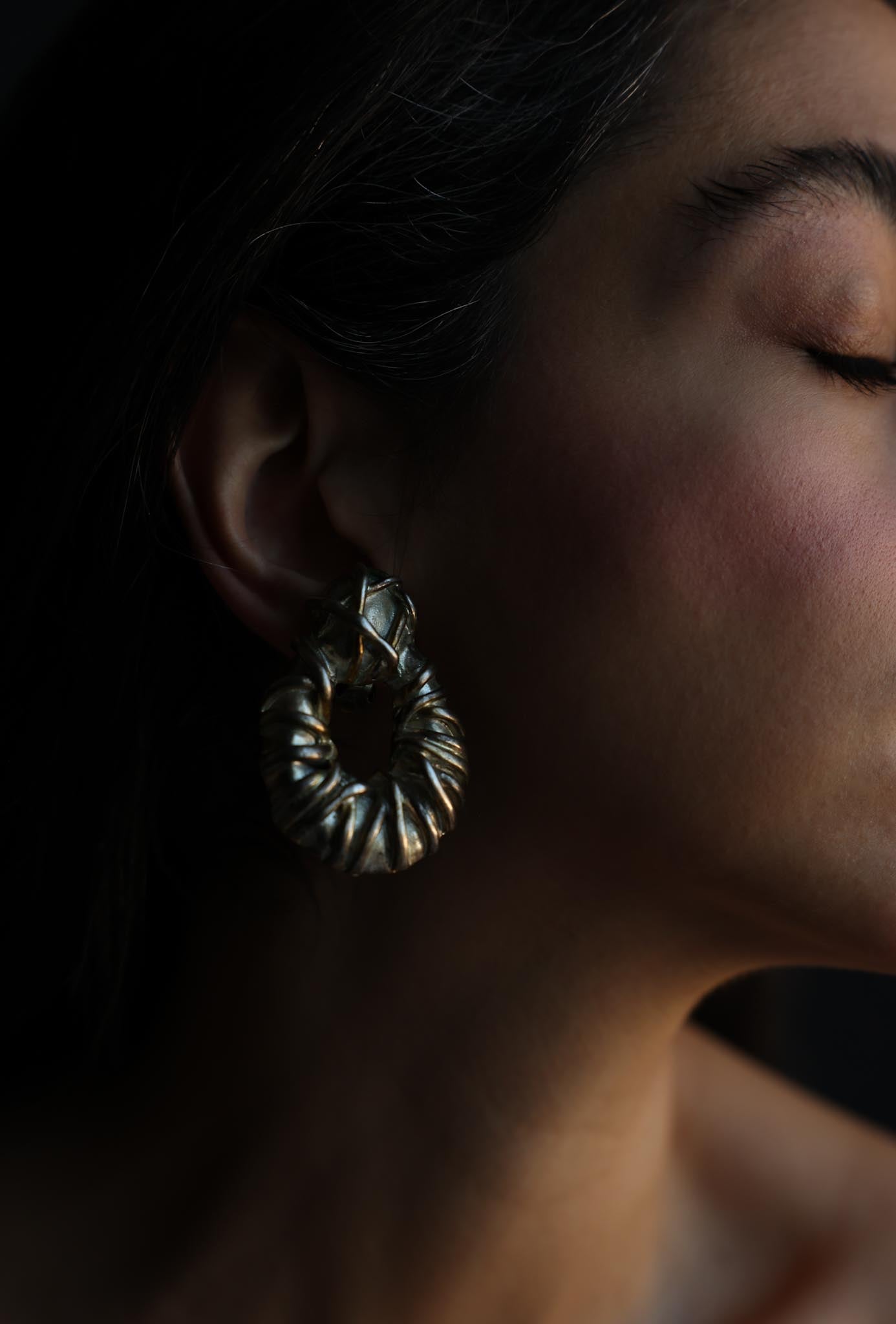 Silver-Tone Sculptural Hoop Clip-On Earrings|Vintage Baazaar 