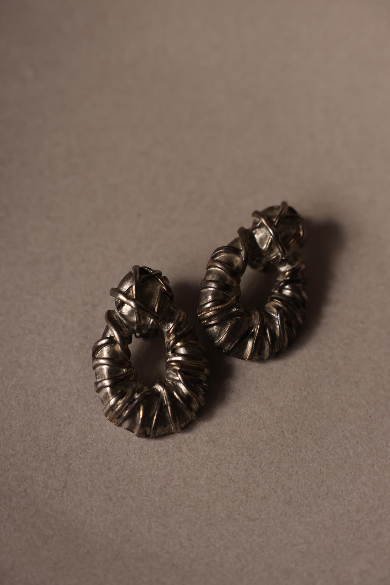 Silver-Tone Sculptural Hoop Clip-On Earrings|Vintage Baazaar 