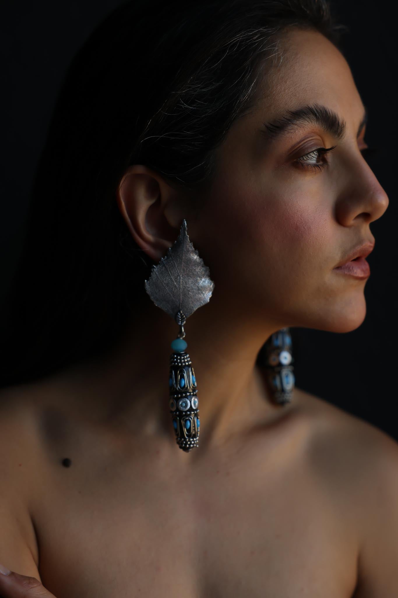 Silver-Tone Leaf Drop Clip-On Earrings With Blue Accents|Vintage Baazaar 