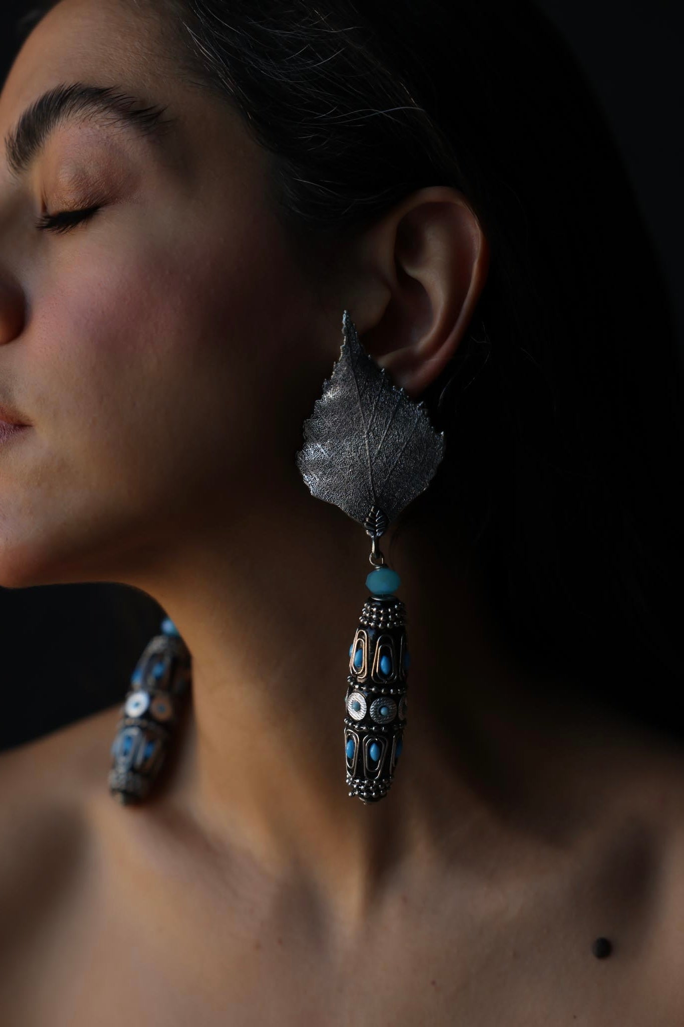 Silver-Tone Leaf Drop Clip-On Earrings With Blue Accents|Vintage Baazaar 