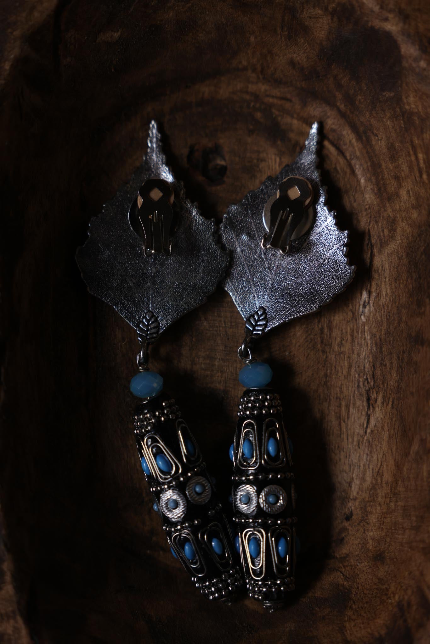 Silver-Tone Leaf Drop Clip-On Earrings With Blue Accents|Vintage Baazaar 