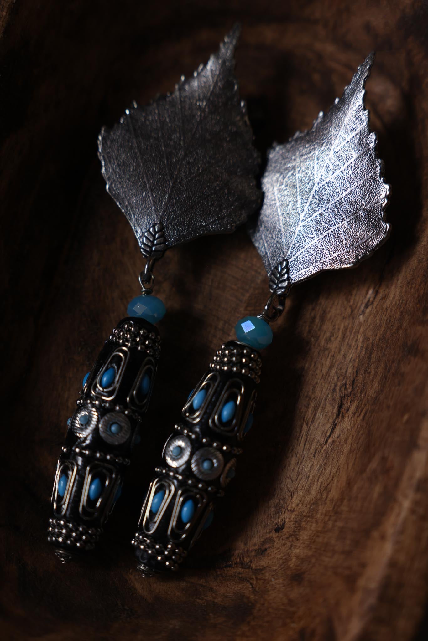 Silver-Tone Leaf Drop Clip-On Earrings With Blue Accents|Vintage Baazaar 