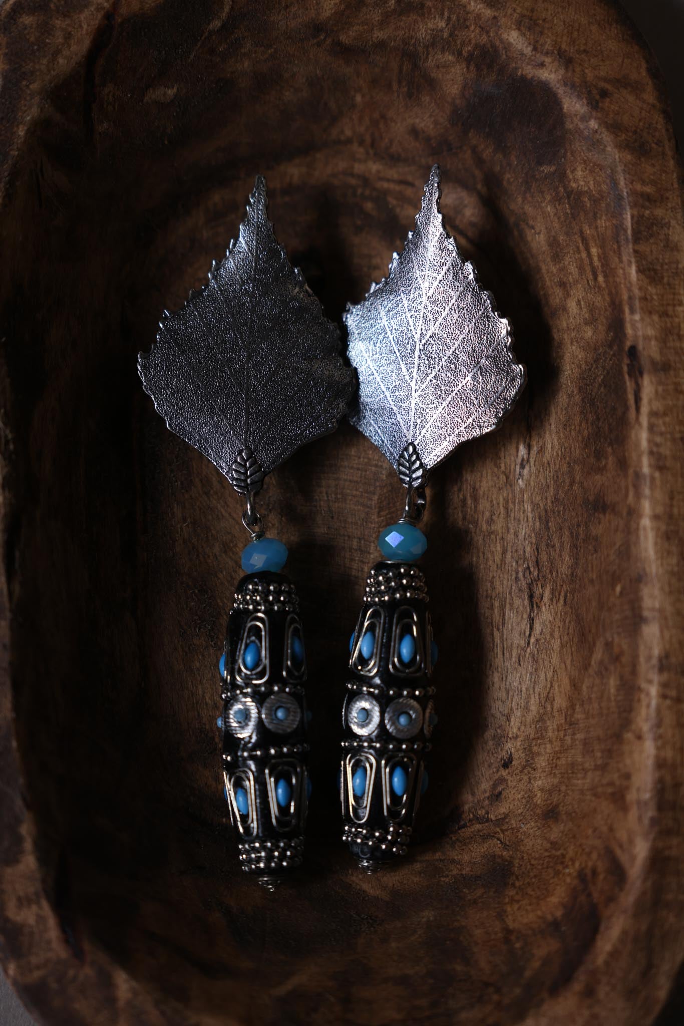 Silver-Tone Leaf Drop Clip-On Earrings With Blue Accents|Vintage Baazaar 