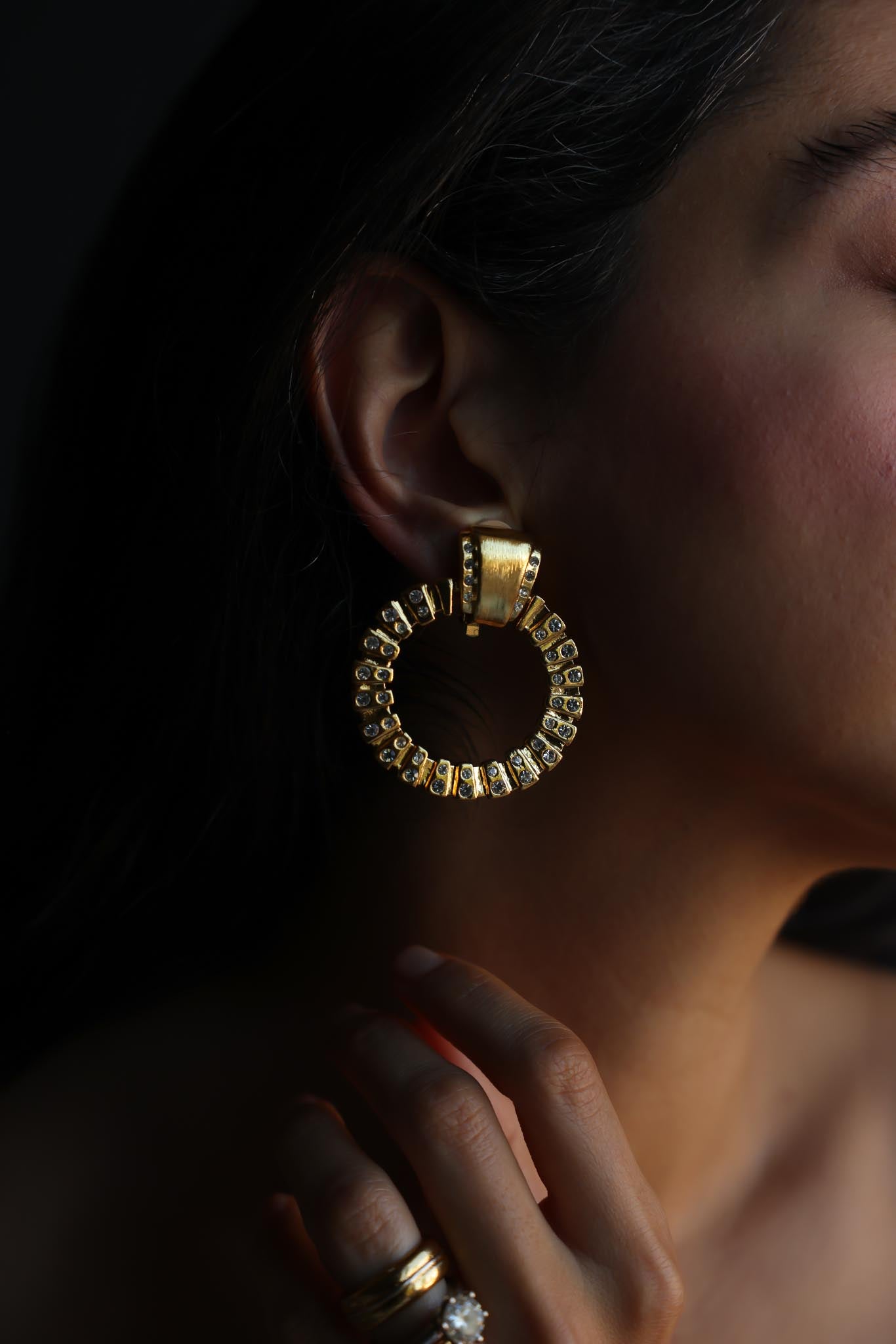 Matte Gold Rhinestone Door Knocker Clip-On Earrings|Vintage Baazaar 