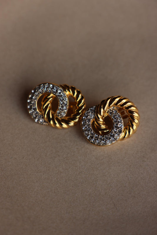 Gay Boyer Golden Twist Rhinestone  Earrings|Vintage Baazaar 