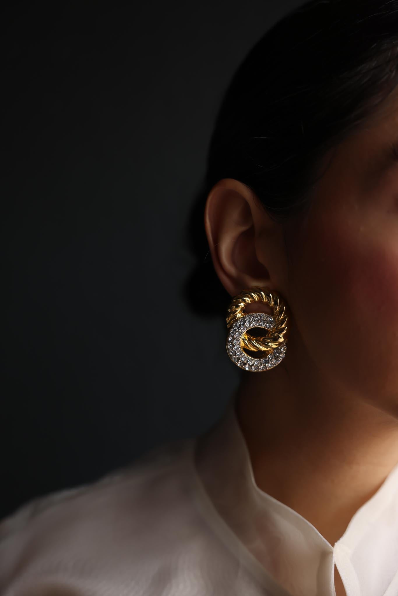 Gay Boyer Golden Twist Rhinestone  Earrings|Vintage Baazaar 
