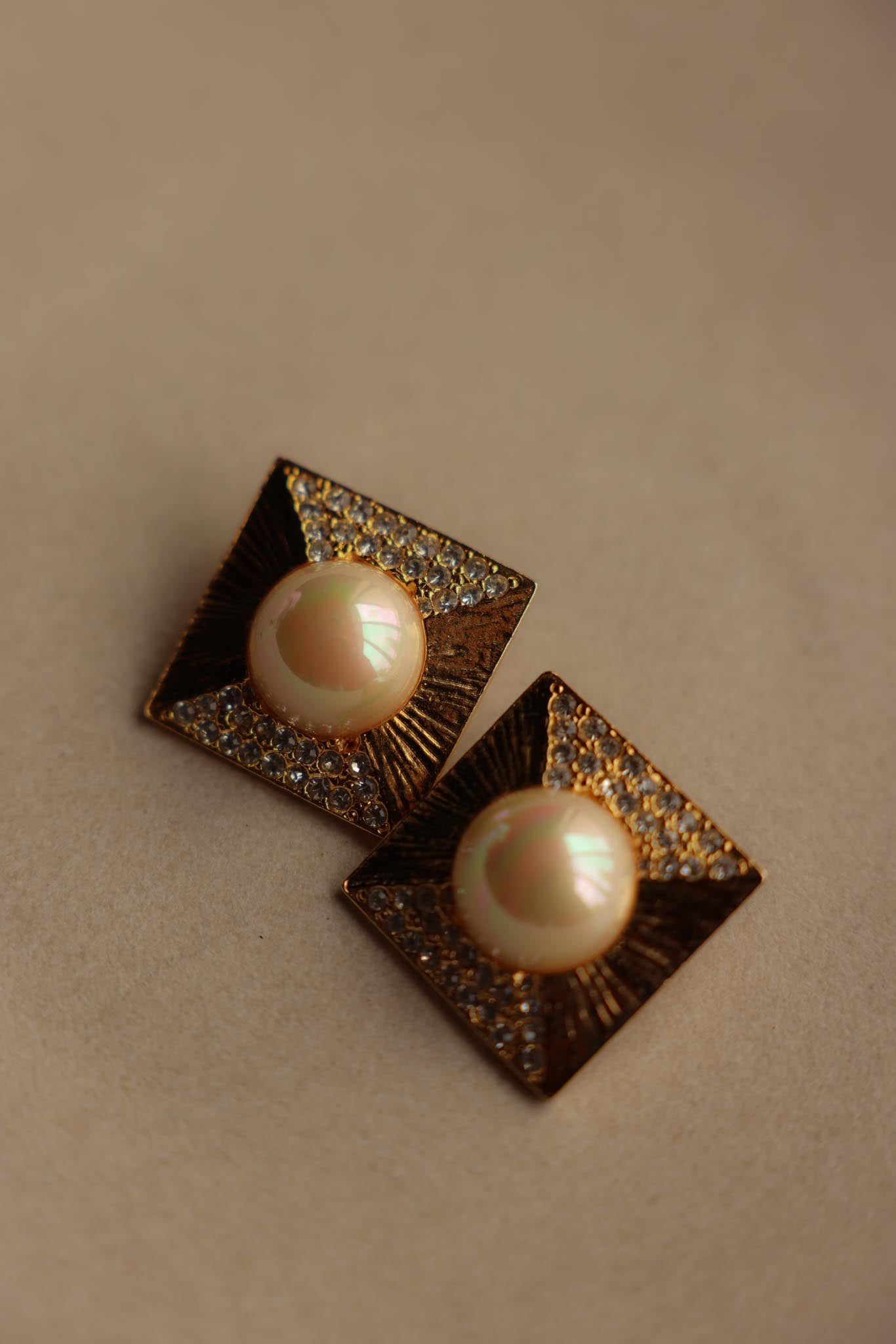 Golden Pyramid Pearl Clip-On Earrings|Vintage Baazaar 