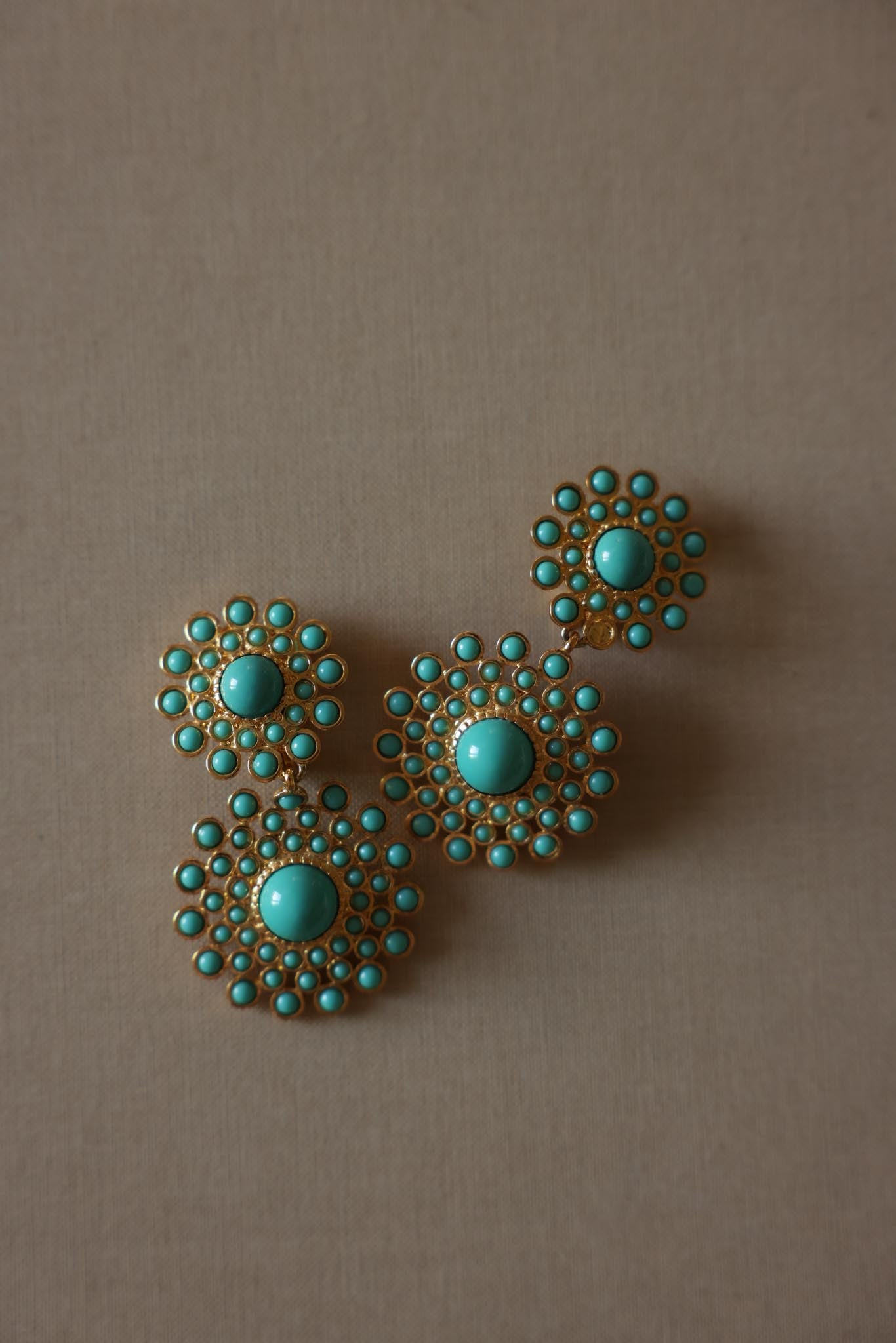 Gold Plated Turquoise Cluster Drop Earrings