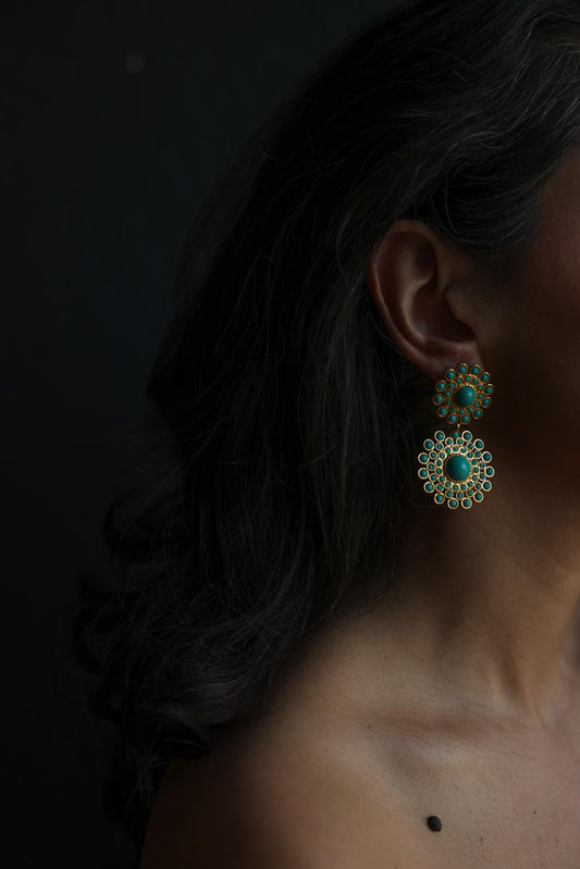 Gold Plated Turquoise Cluster Drop Earrings