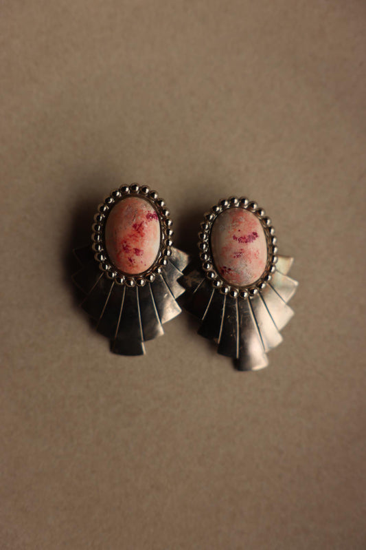 Fan-Edge Silver Clip-On Earrings with Pink Centers|Vintage Baazaar 