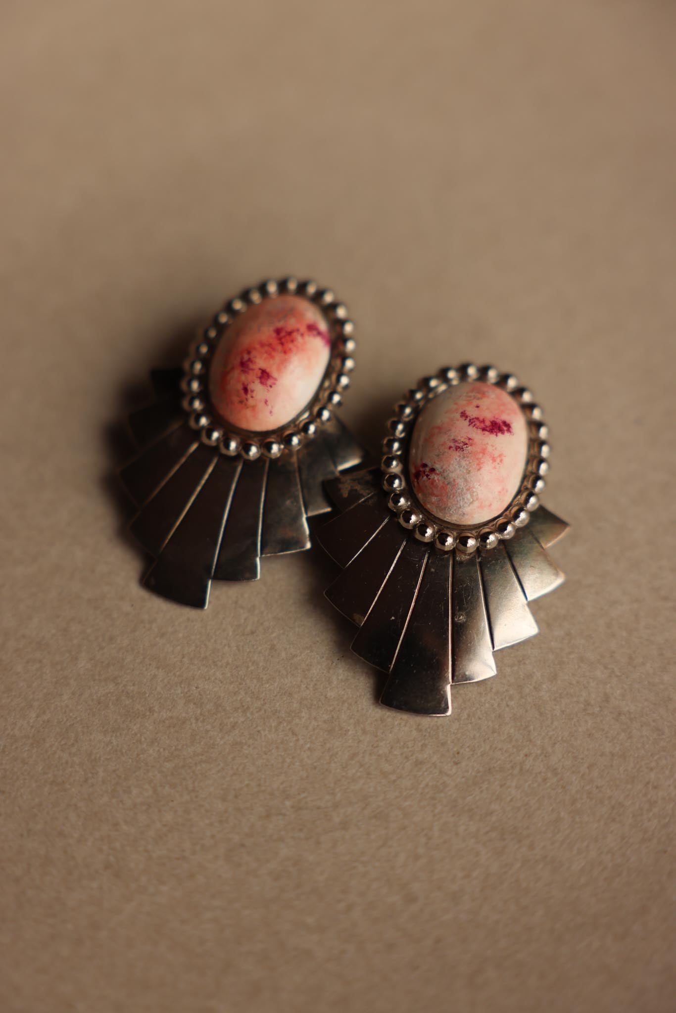 Fan-Edge Silver Clip-On Earrings with Pink Centers|Vintage Baazaar 