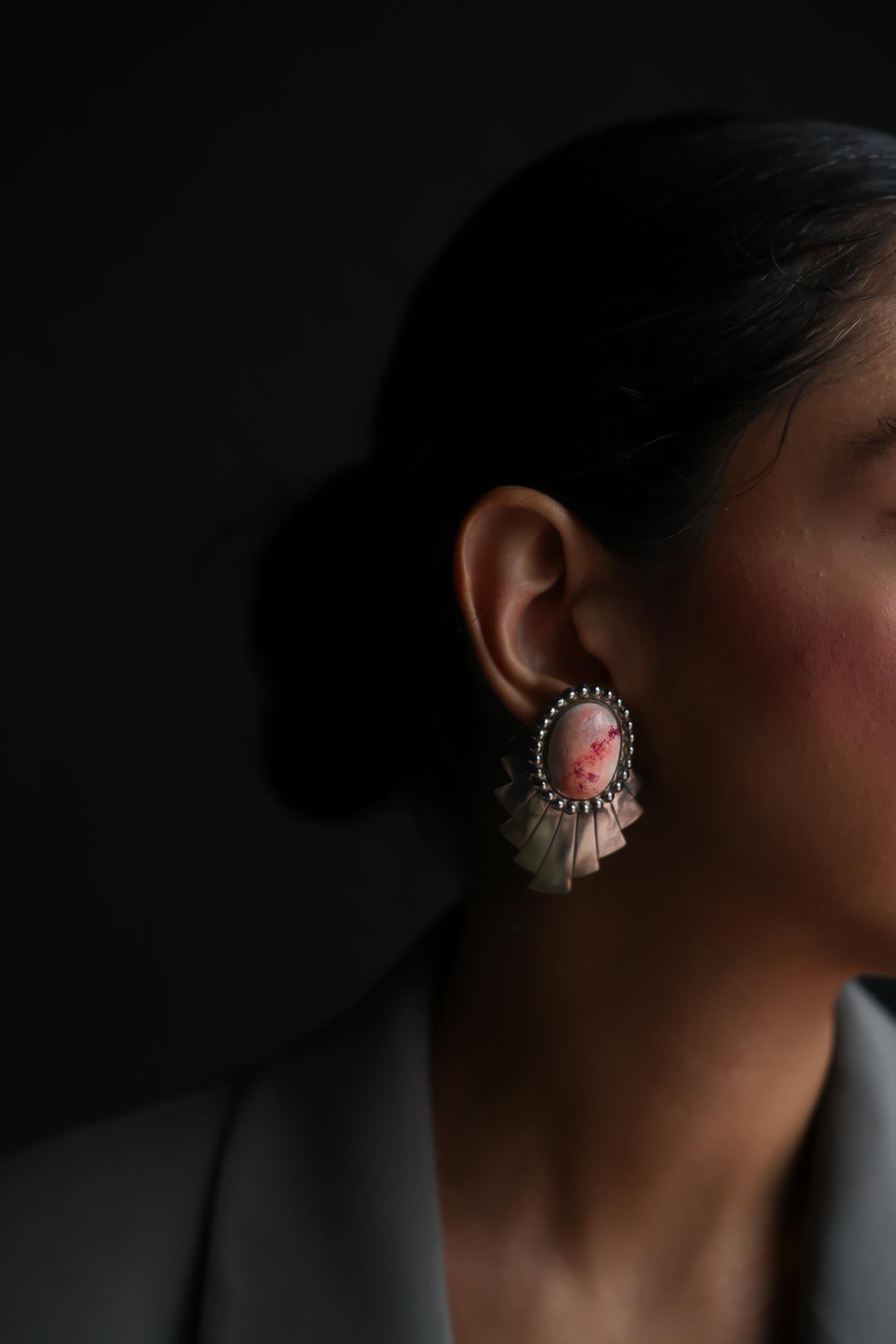 Fan-Edge Silver Clip-On Earrings with Pink Centers|Vintage Baazaar 