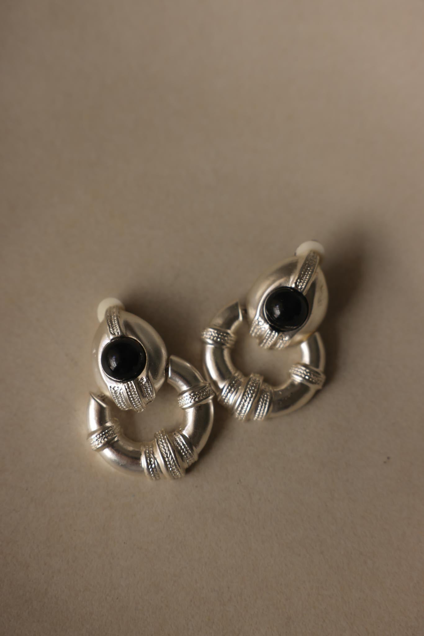 Matte Silvertone Black Cabochon Statement Clip-On Earrings