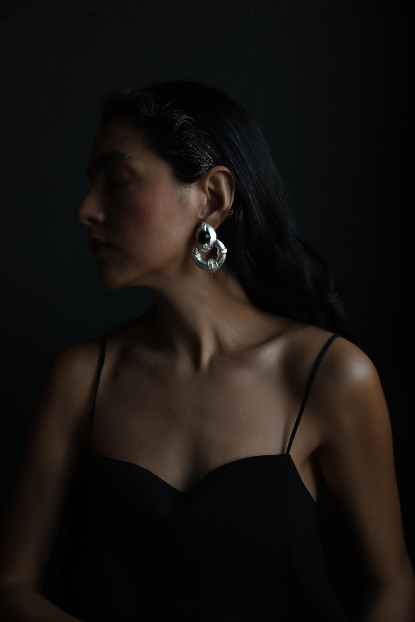 Matte Silvertone Black Cabochon Statement Clip-On Earrings