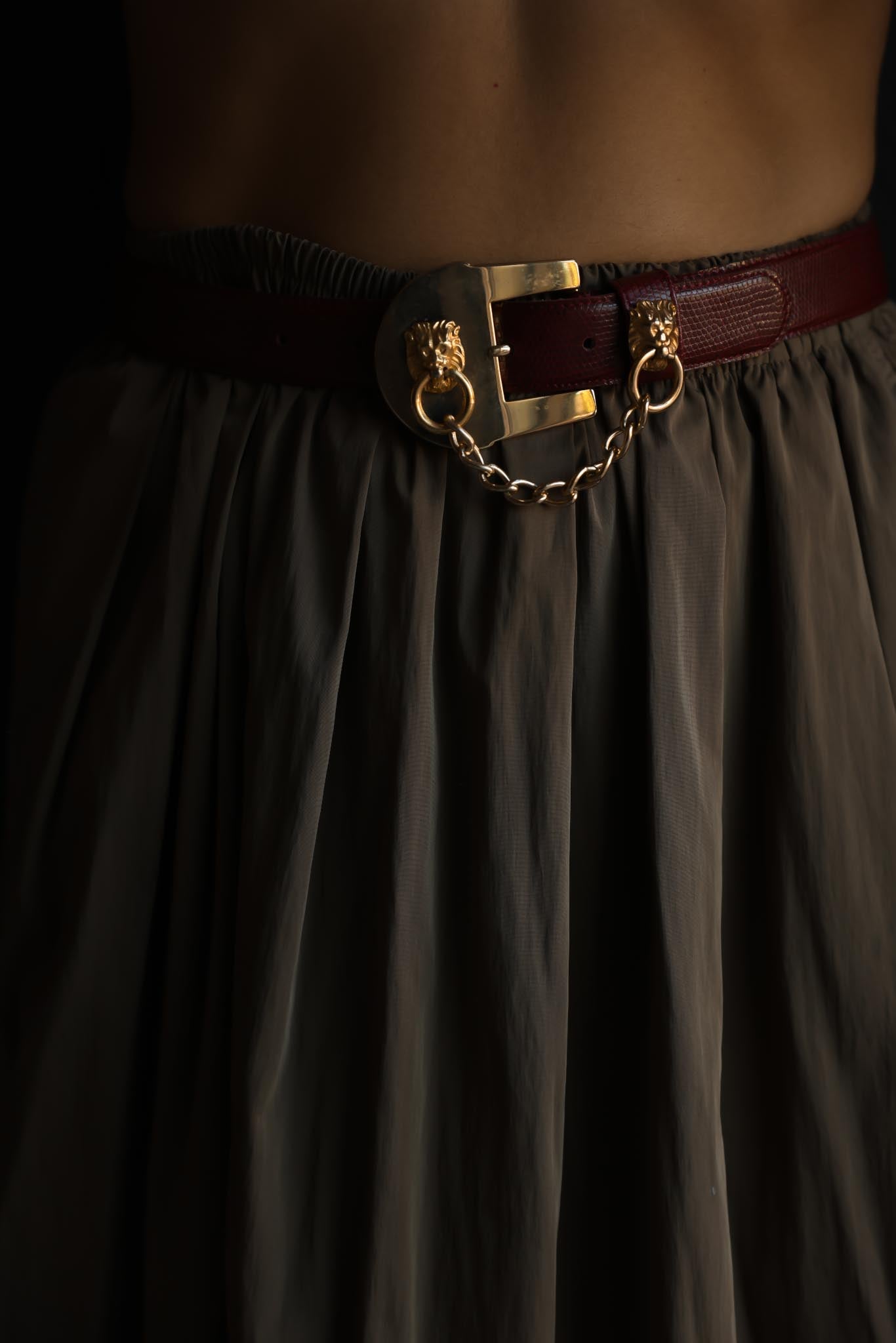 1980s Milor Burgundy Leather Lion Head Chain Belt