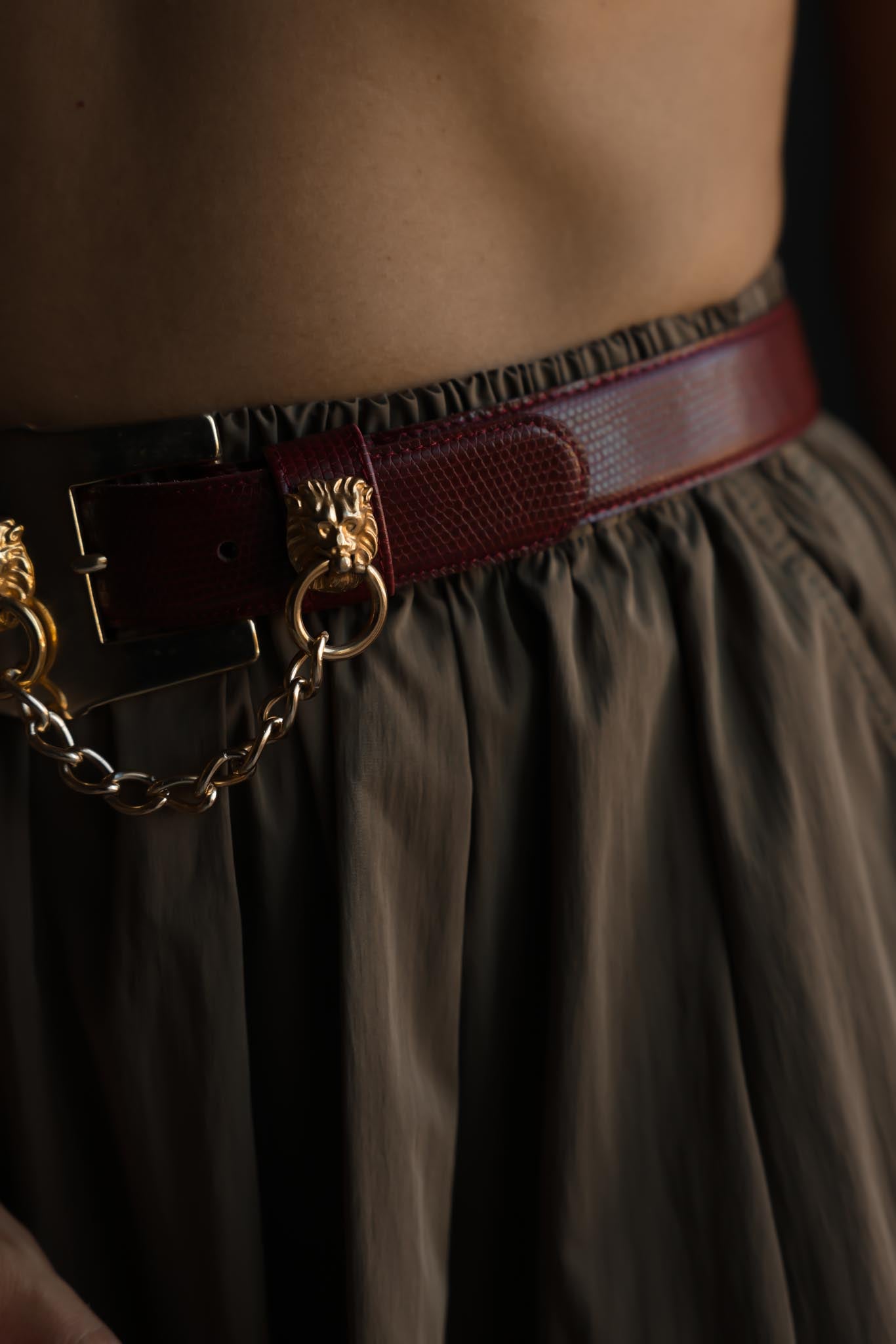 1980s Milor Burgundy Leather Lion Head Chain Belt