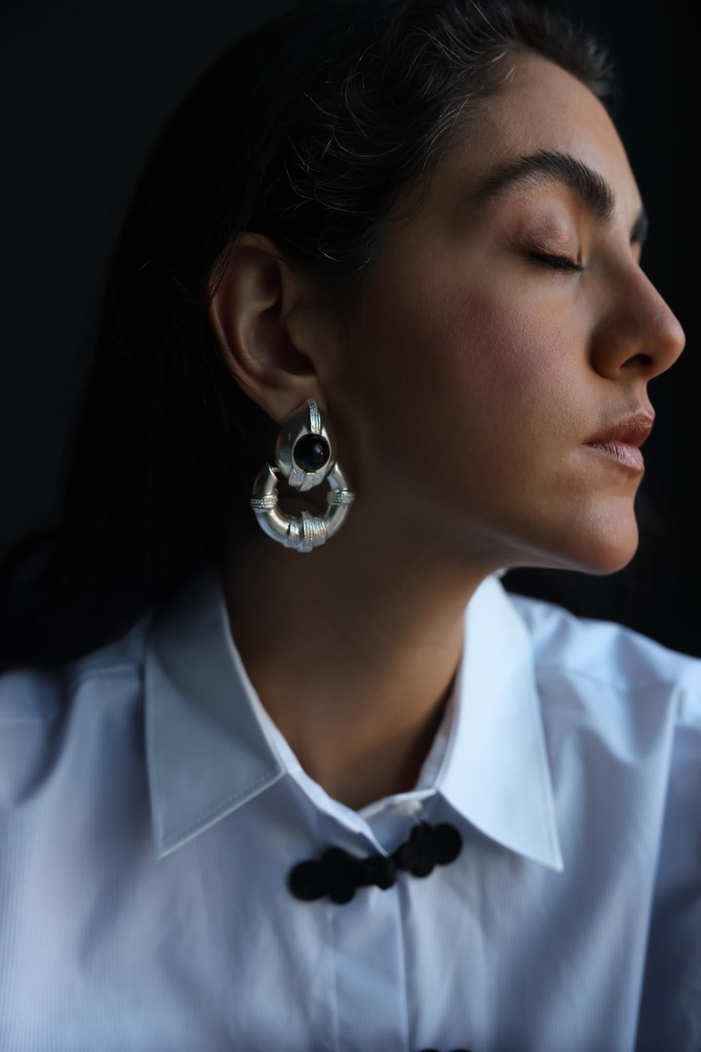 Matte Silvertone Black Cabochon Statement Clip-On Earrings