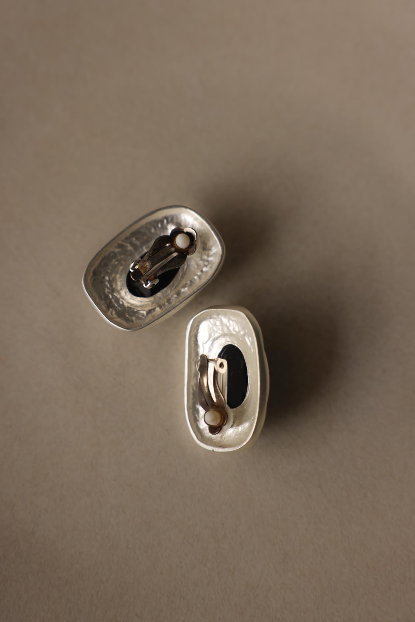 Matte Silvertone Black Cabochon Rectangle Clip-On Earrings