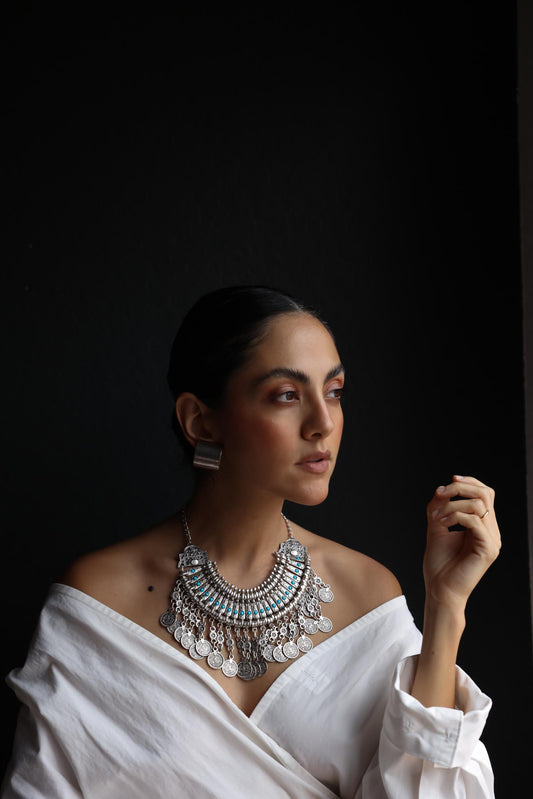 Coin Drop Silver-Tone Statement Necklace with Blue Accents|Vintage Baazaar 