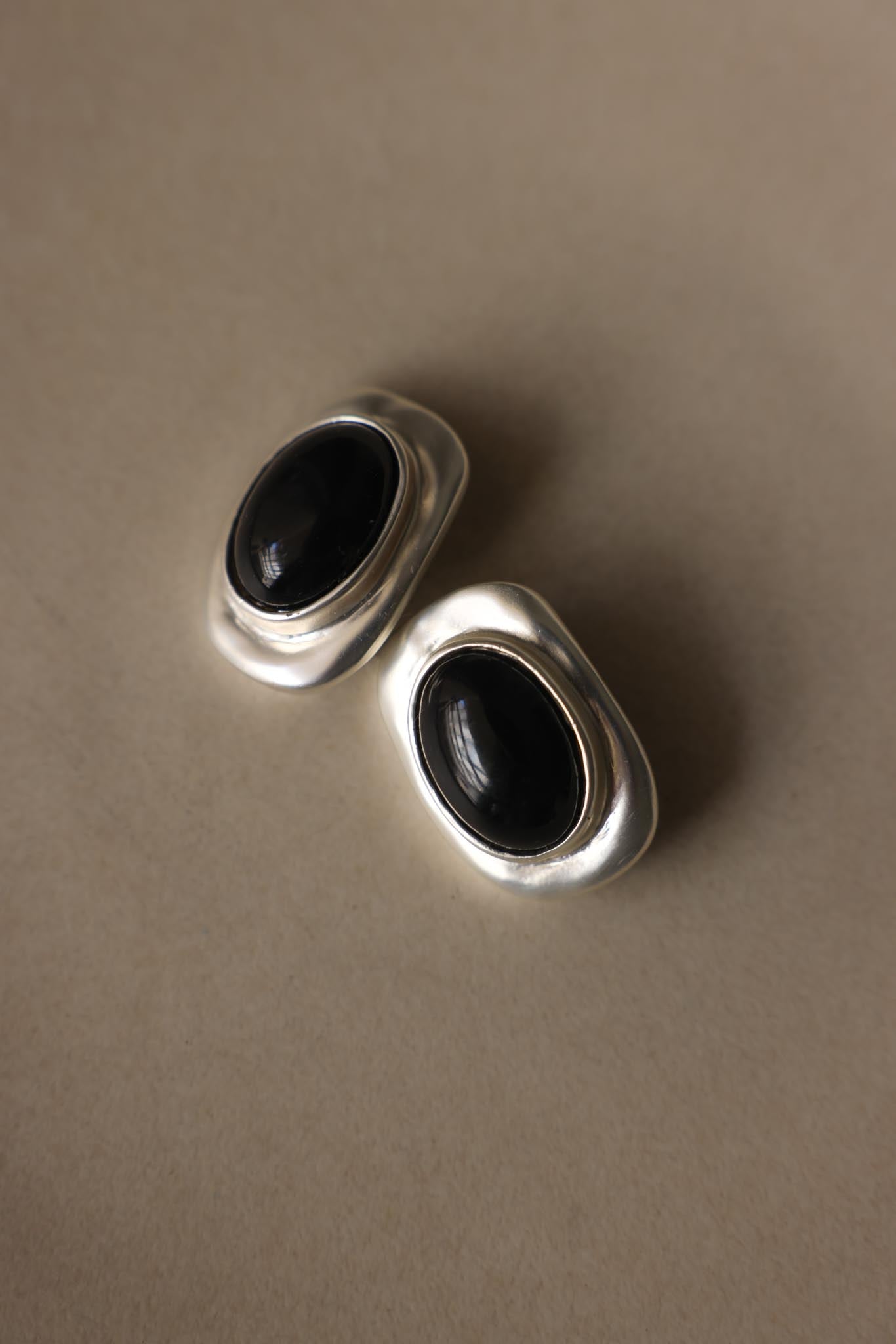 Matte Silvertone Black Cabochon Rectangle Clip-On Earrings