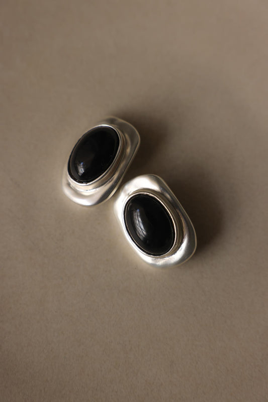 Matte Silvertone Black Cabochon Rectangle Clip-On Earrings