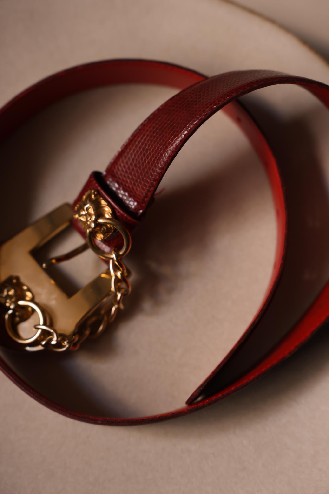 1980s Milor Burgundy Leather Lion Head Chain Belt