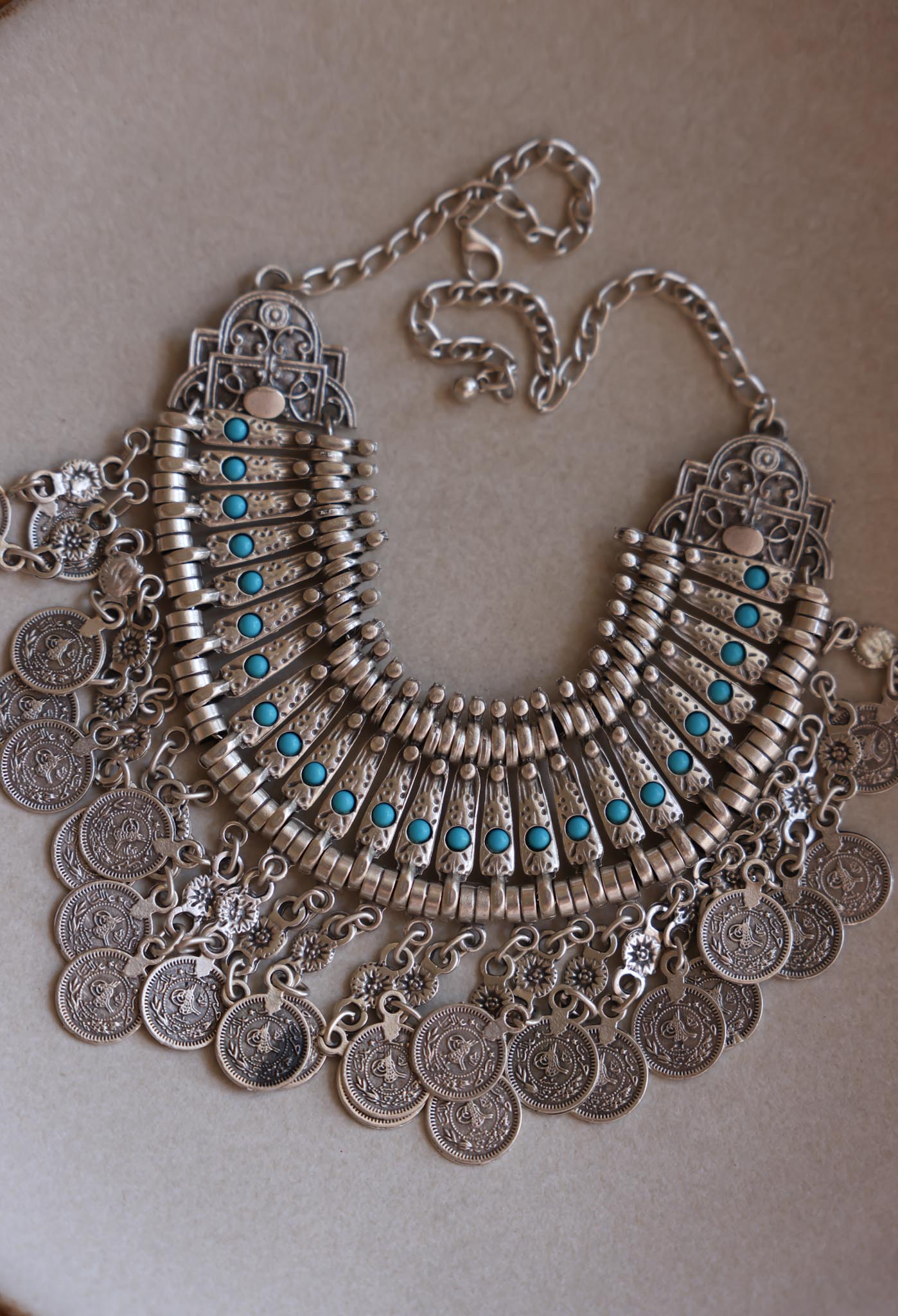 Coin Drop Silver-Tone Statement Necklace with Blue Accents|Vintage Baazaar 