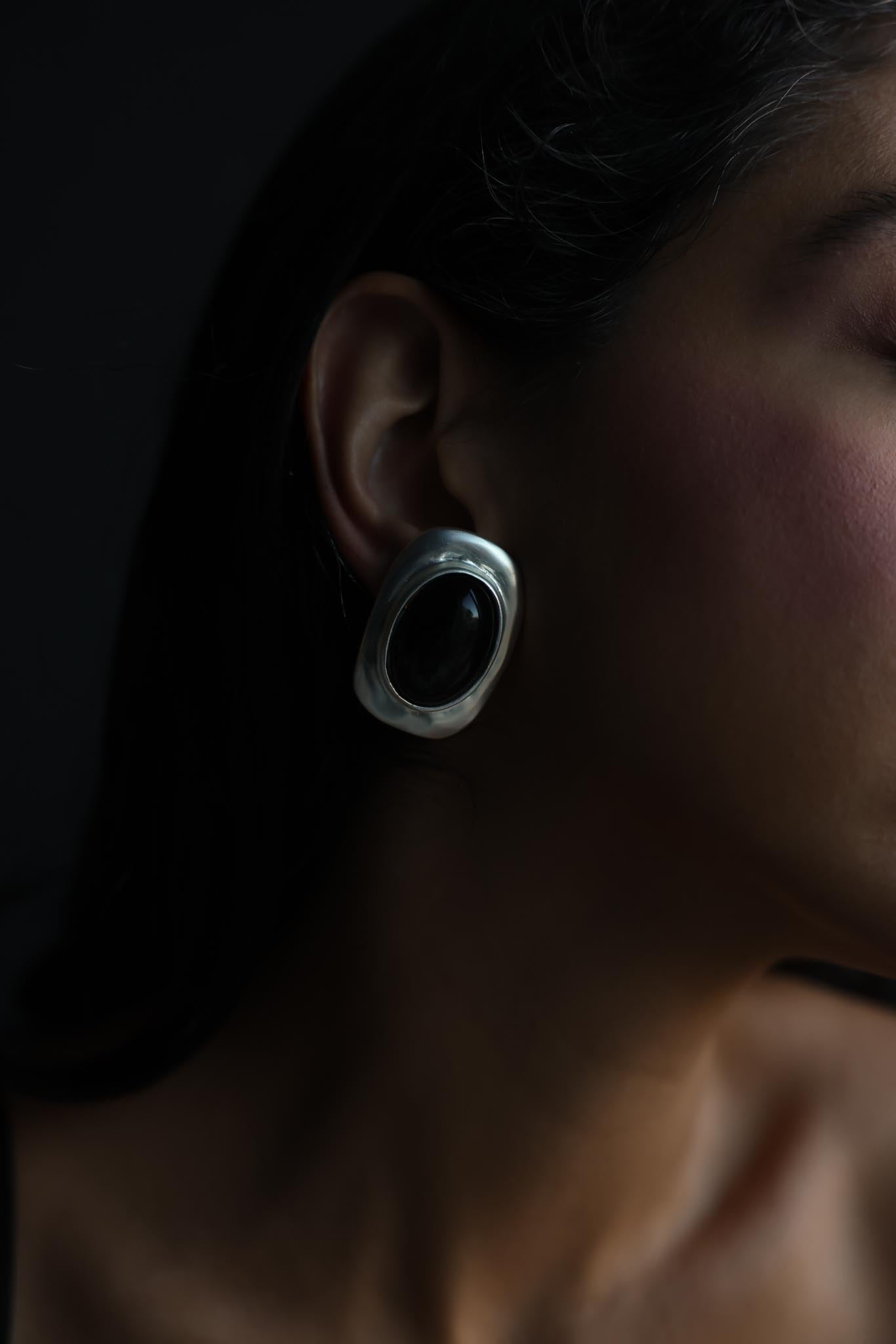 Matte Silvertone Black Cabochon Rectangle Clip-On Earrings