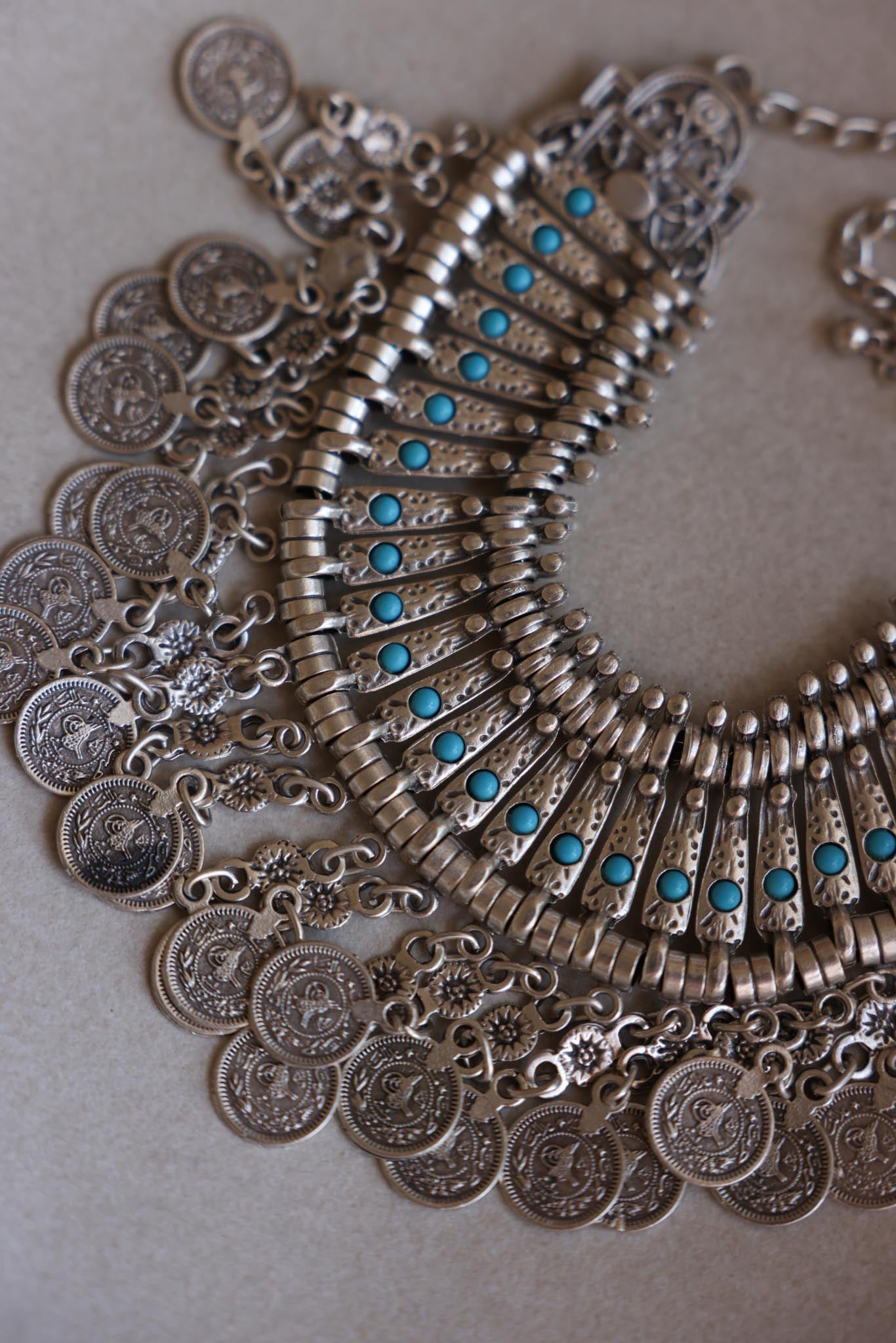 Coin Drop Silver-Tone Statement Necklace with Blue Accents|Vintage Baazaar 