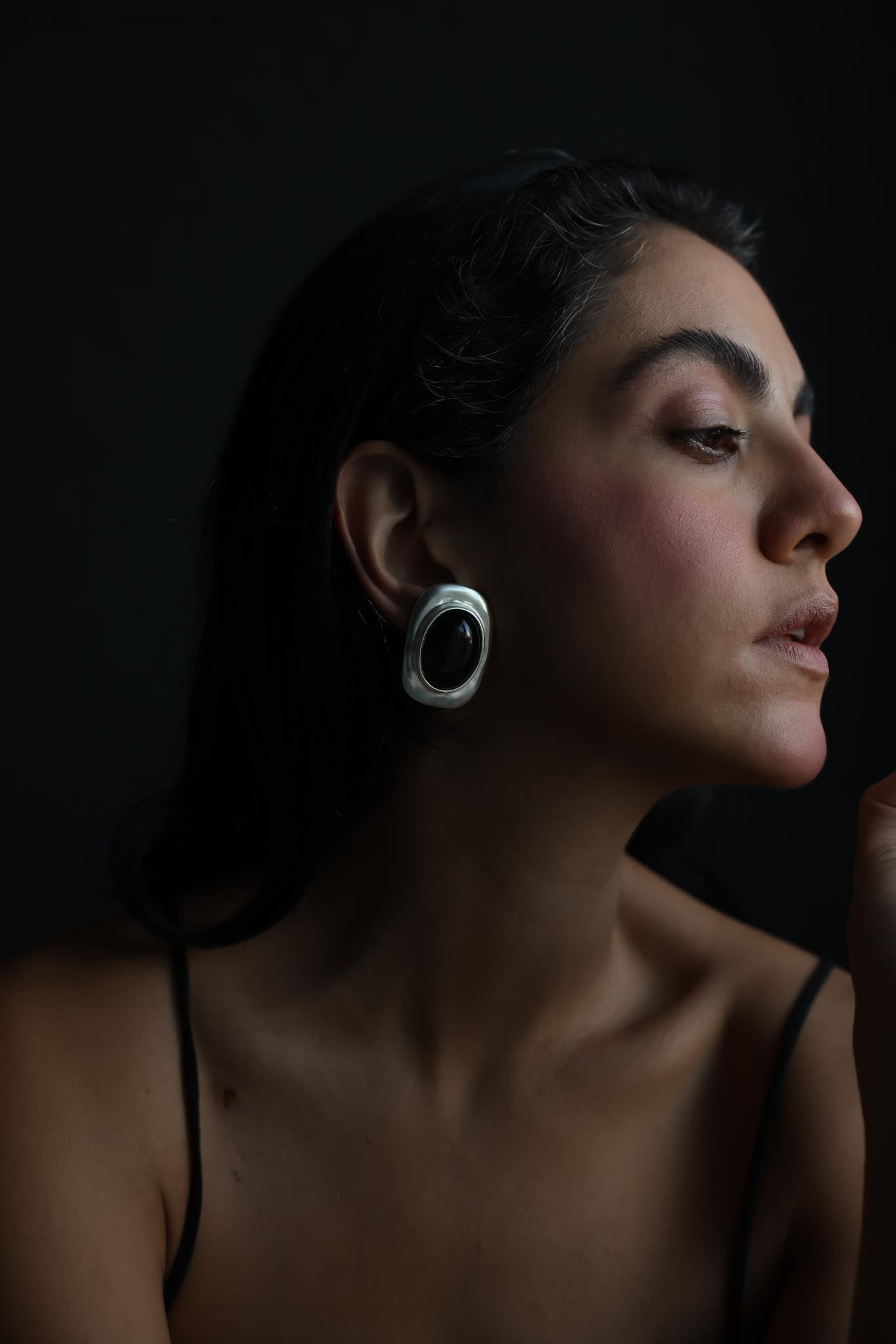 Matte Silvertone Black Cabochon Rectangle Clip-On Earrings