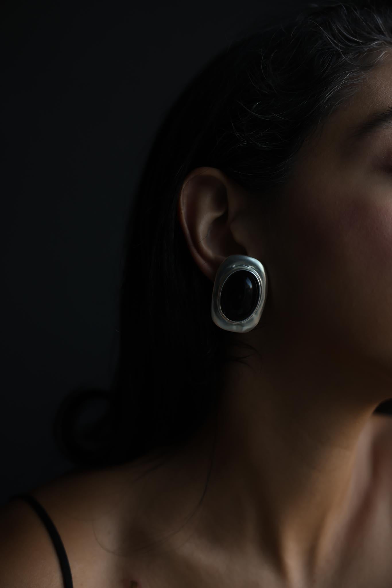 Matte Silvertone Black Cabochon Rectangle Clip-On Earrings