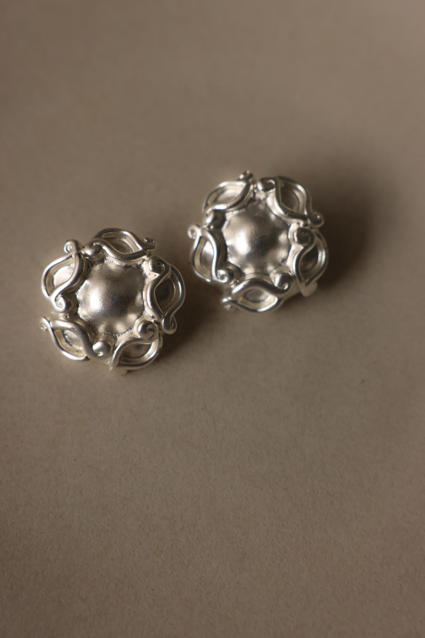 Matte Silvertone Sculptural Round Clip-On Earrings|Vintage Baazaar 