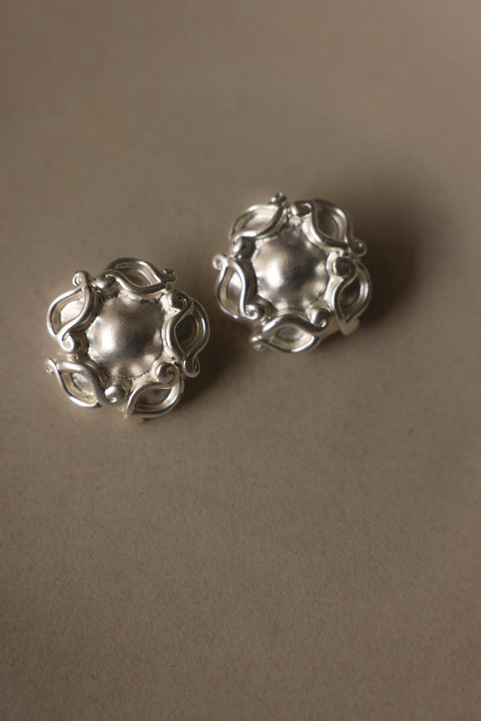 Matte Silvertone Sculptural Round Clip-On Earrings|Vintage Baazaar 