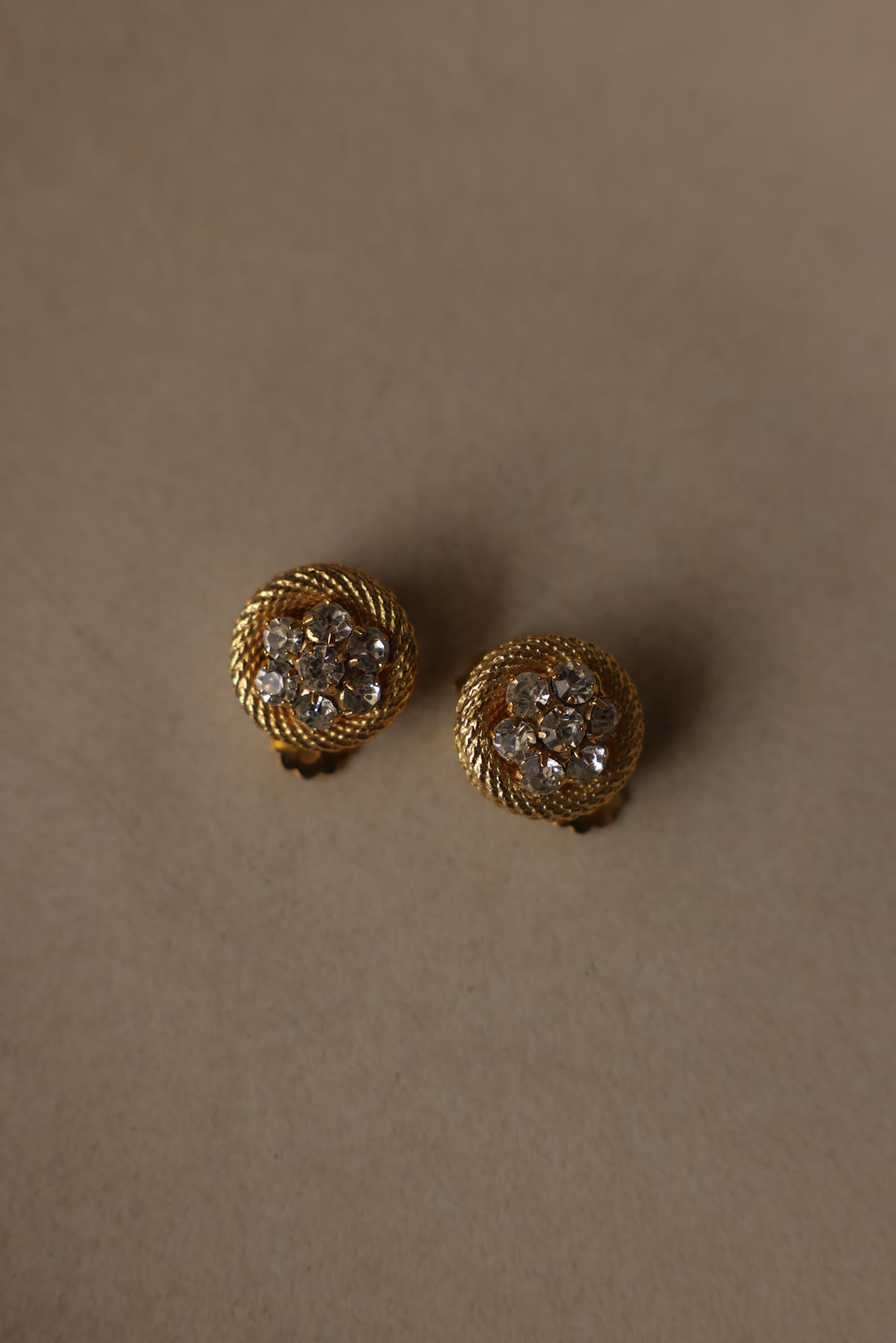 Gold Tone Clear Rhinestone Round Clip-On Earrings