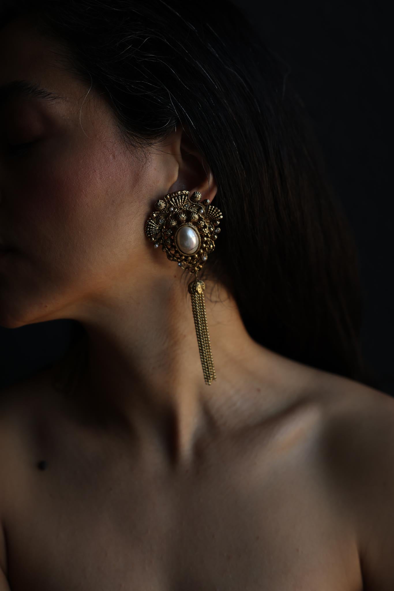 1980s Gold-Tone Tassel Clip-On Earrings With Faux Pearl Center