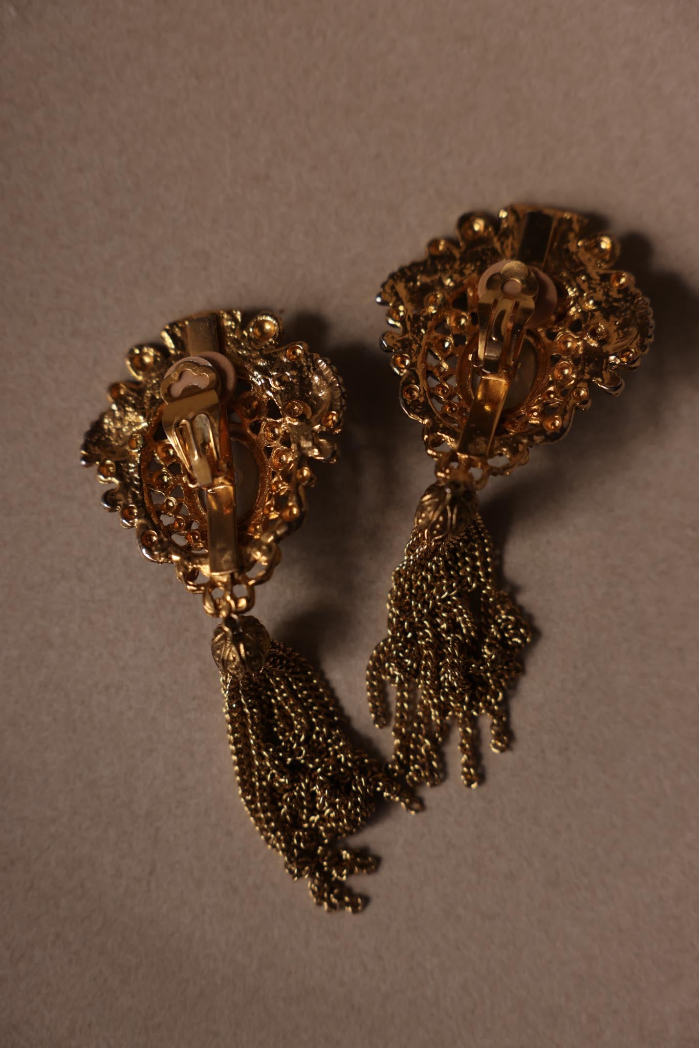 1980s Gold-Tone Tassel Clip-On Earrings With Faux Pearl Center