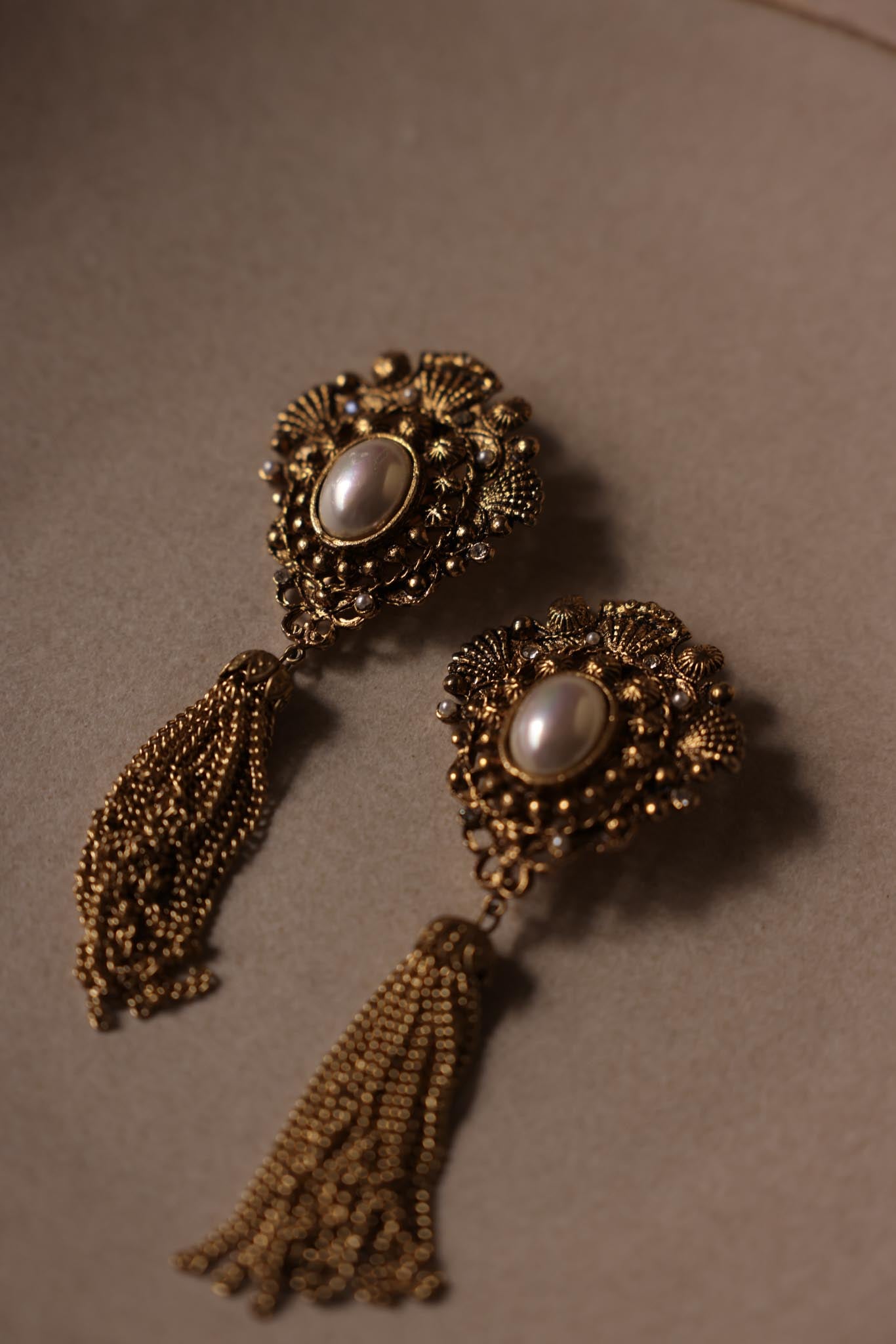1980s Gold-Tone Tassel Clip-On Earrings With Faux Pearl Center