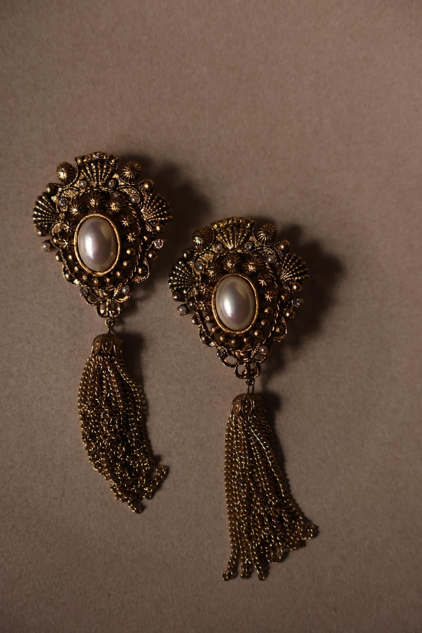 1980s Gold-Tone Tassel Clip-On Earrings With Faux Pearl Center