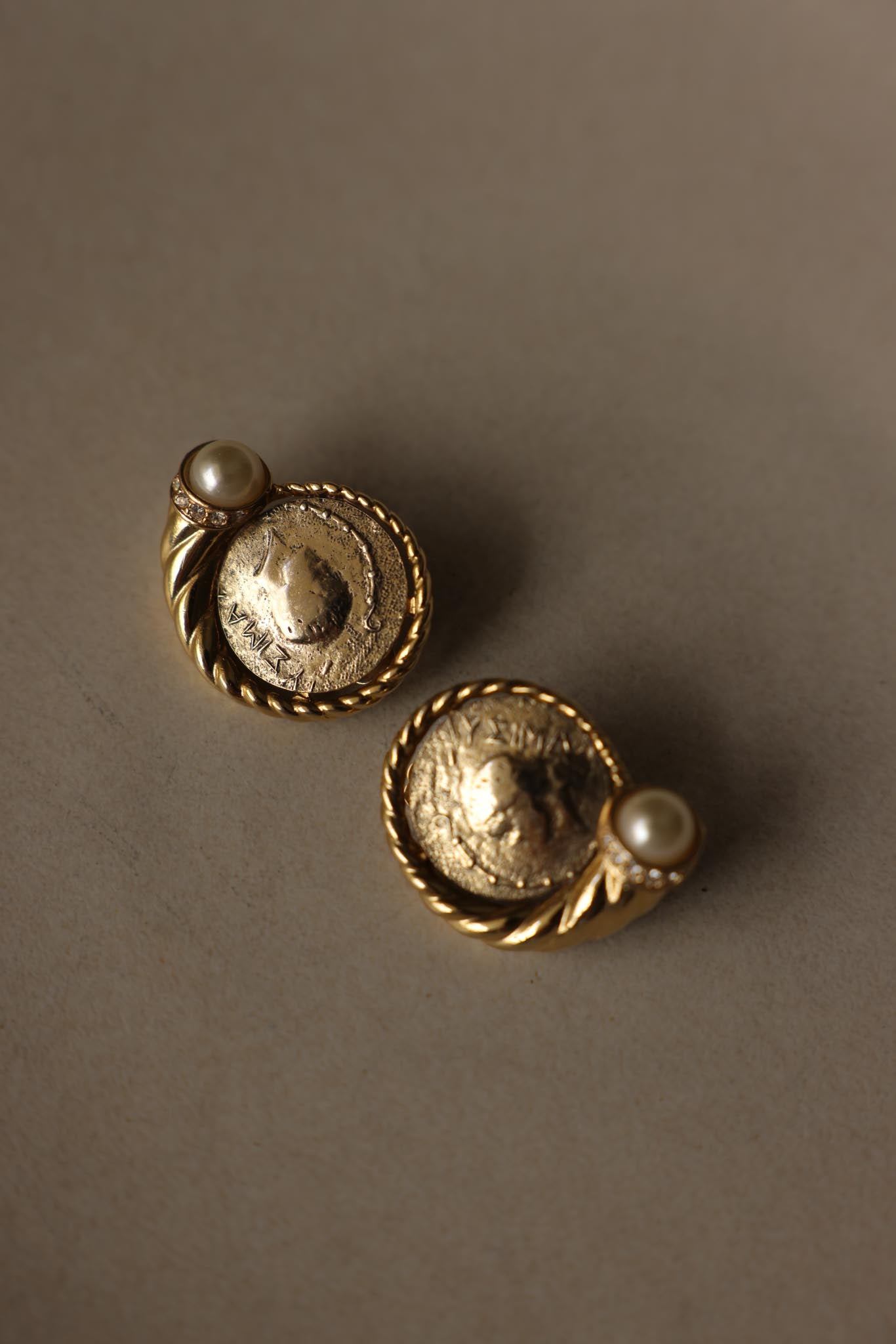 Gold Tone Coin Faux Pearl Clip-On Earrings