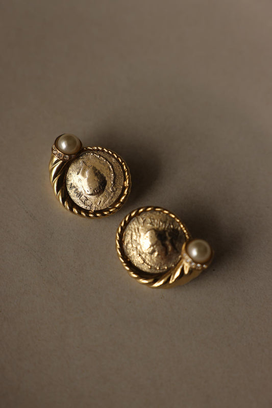 Gold Tone Coin Faux Pearl Clip-On Earrings