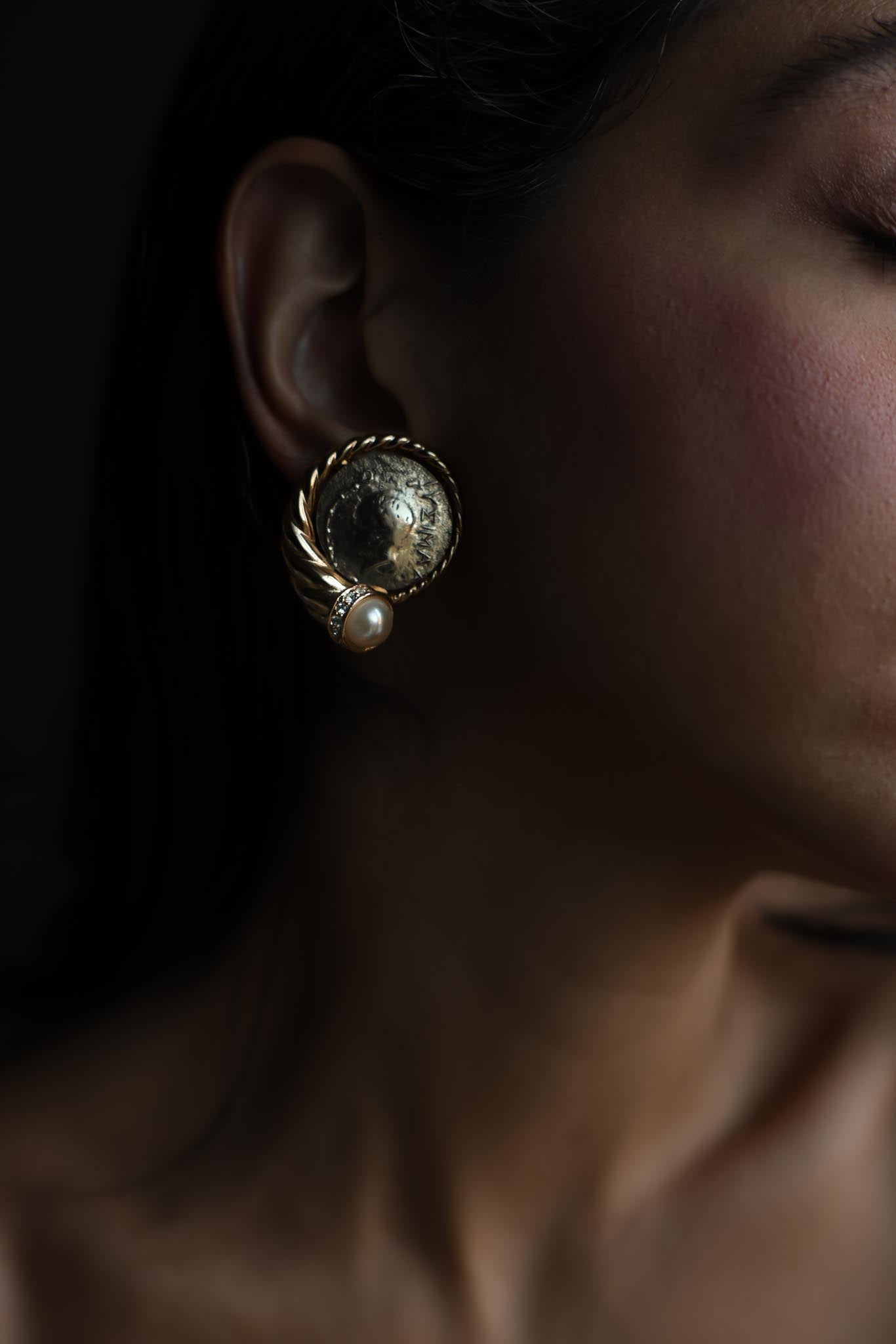 Gold Tone Coin Faux Pearl Clip-On Earrings